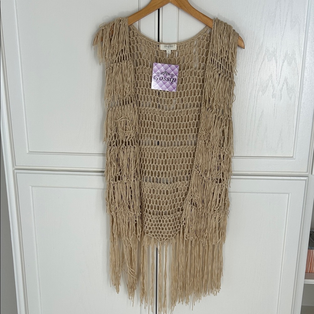 Umgee USA Boho Beige Crochet Fringe Vest Size M
